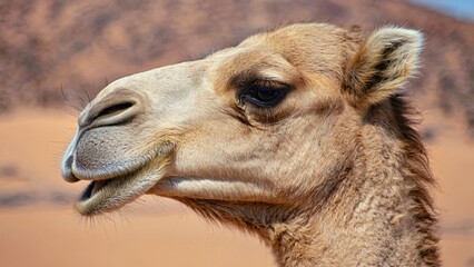 Obraz premium Close-up of a camel in the desert with sandy background