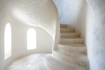 Impressive spiral staircase built with raw polished stone, gently ascending between smooth white minimalist walls with narrow vertical windows