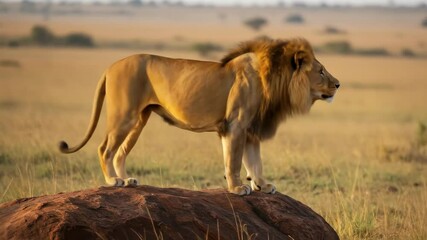 Majestic Male Lion Walking Across Savannah Rock at Sunrise - A large male African lion with a thick mane walks across a reddish-brown rock in the golden light of sunrise. - Powered by Adobe