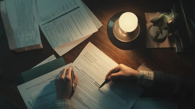 Close-up of executive hands proofreading documents under dim light on wooden desk