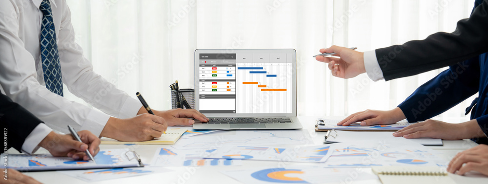 Poster project planning software for brisk business project management on the computer screen showing timel