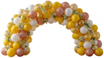 Elegant archway of gold white and rose gold balloons with floral accents isolated on transparent background