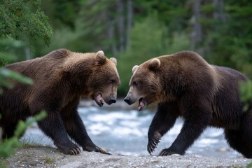 Obraz premium Two grizzly bears engage in a confrontation near a river in the forest
