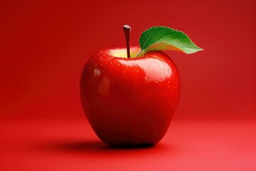 Obraz premium Ripe red apple with green leaf on matching monochrome background representing healthy eating, freshness, and simplicity