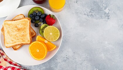 Overhead Shot of a Delicious Breakfast Featuring Toast and Fresh Fruit