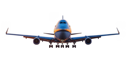 Front view of a large passenger airplane with landing gear down isolated on transparent background