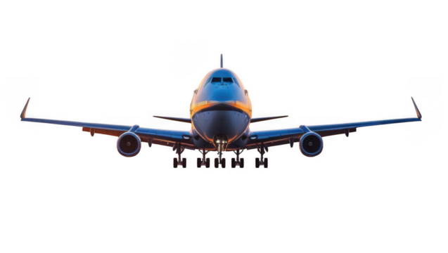 Front view of a large passenger airplane with landing gear down isolated on transparent background