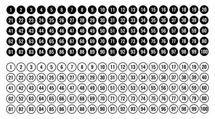 Numbers one to one hundred in circular format representing counting sequencing labeling indexing organization reference mathematics education list numeric order system