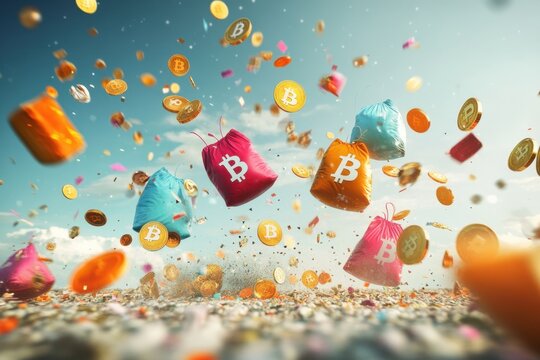 Colorful bags of cryptocurrency symbols raining down in a vibrant landscape