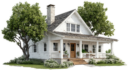 Charming white wooden country house with porch and trees isolated on transparent background
