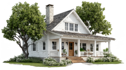 Charming white wooden country house with porch and trees isolated on transparent background