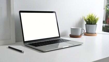 Fototapeta premium Laptop with Blank Screen on White Desk