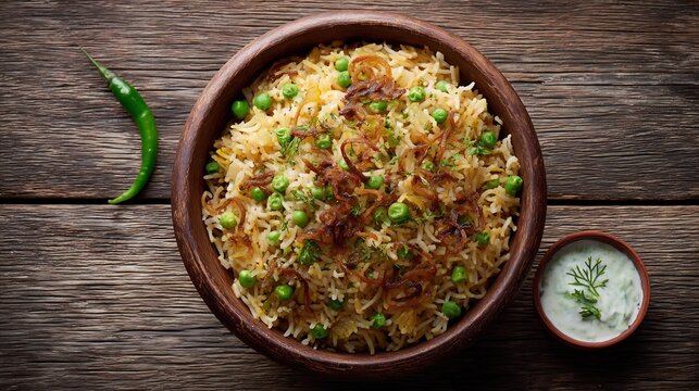 Pakistani matar pulao green peas and fried onions in aromatic rice served with raita and green chili on wooden table top down view