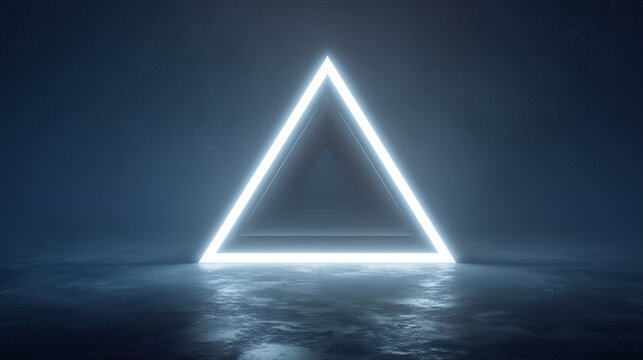 Neon triangular shape glowing in dark space with reflections  
