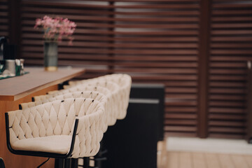 A contemporary indoor bar featuring elegant beige bar stools, decorative details, and a cozy ambiance perfect for gatherings, socializing, and relaxing in style.