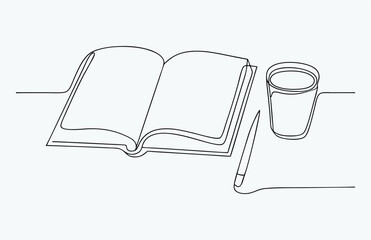 one line drawing coffee and book, single continuous line drawing of books with a cup of coffee above on library desk, business and education concept, one line draw coffee and books