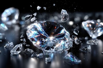 Fototapeta premium Shattered diamond fragments sparkle under bright light in a dynamic display of brilliance