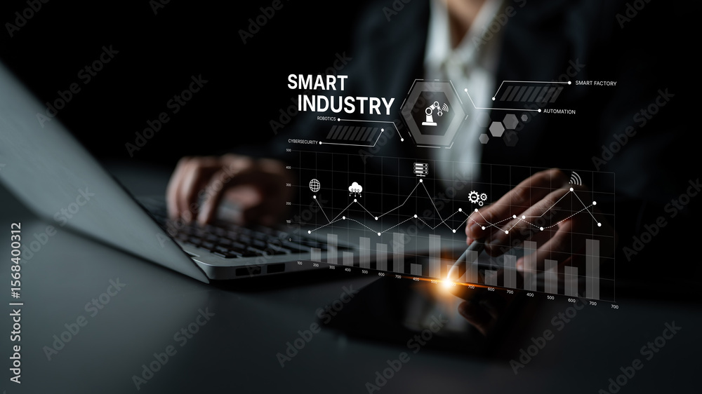 Poster smart industry dashboard combining automation, robotics, cloud integration, cybersecurity, and data 
