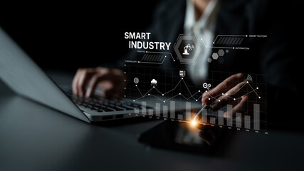 Smart industry dashboard combining automation, robotics, cloud integration, cybersecurity, and data...