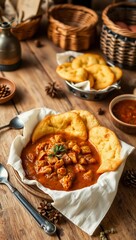 fry bread stew rustic table comfort food hearty herbs garnish earthy tones traditional native american food
