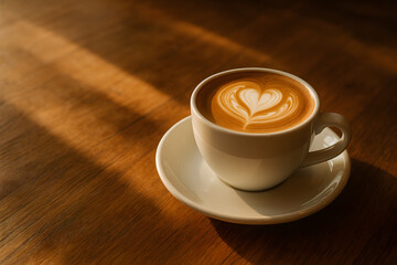 Cappuccino latte art coffee cup drink beverage cafe morning wood grain