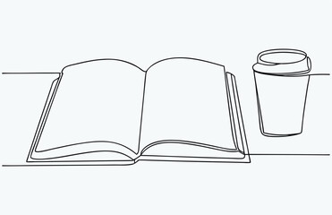 one line drawing coffee and book, single continuous line drawing of books with a cup of coffee above on library desk, business and education concept, one line draw coffee and books