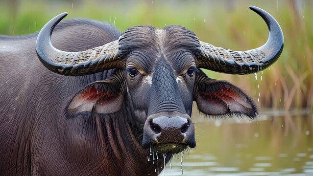 Majestic water buffalo in natural habitat with detailed horns and wet fur