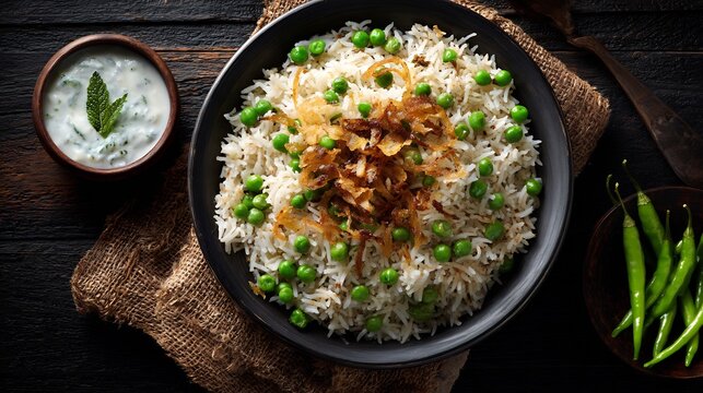 Pakistani matar pulao green peas and fried onions in aromatic rice served with raita and green chili on wooden table top down view