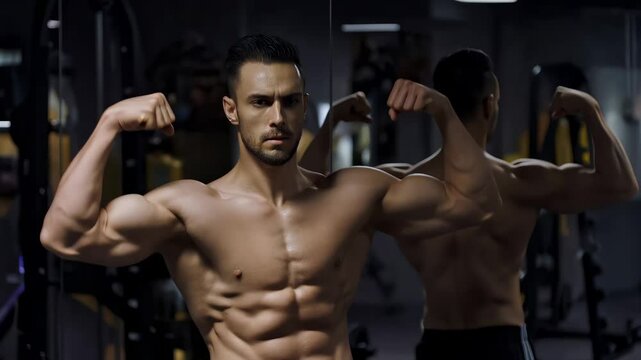 Muscular man flexing biceps in gym with mirror reflection