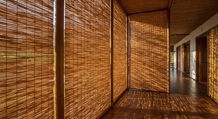 Serene Interior: Light and Shadow Play on Bamboo Walls and Wooden Floors, Rustic Charm and Minimalist Design in a Modern Tropical Home, Warm Tones and Natural Textures Abound