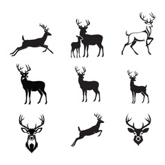 deer silhouette, deer silhouette, collection of deer silhouettes, vector, isolated black silhouette of deer