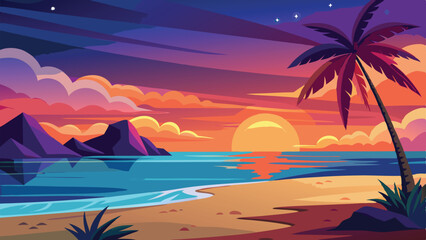 Vibrant Tropical Sunset Vector Landscape with Palm Tree, Ocean, and Distant Mountains