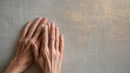Elderly hands resting gently on a textured surface with golden accents  