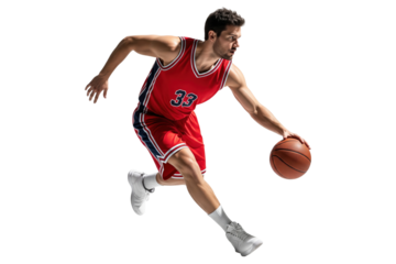 Male basketball player in a red jersey dribbling the ball in motion