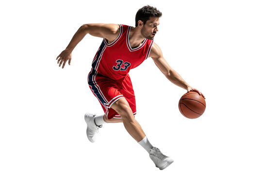 Male basketball player in a red jersey dribbling the ball in motion