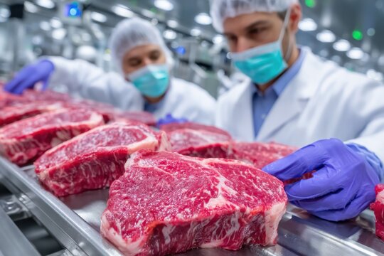 Inspecting high-quality cuts of beef in a modern processing facility during work hours