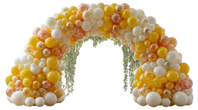 Elegant balloon arch with white yellow and rose gold accents isolated on transparent background - Powered by Adobe