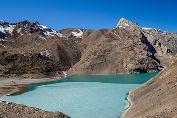 Frozen Lake and snowed mountains in Tajikistan