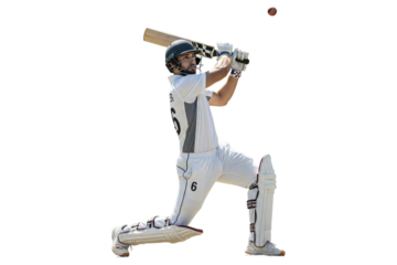 Male cricket player in white uniform and helmet hitting a ball with a bat