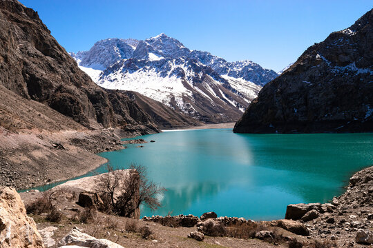 Snowed mountains and lake in Tajikistan, seven lakes route