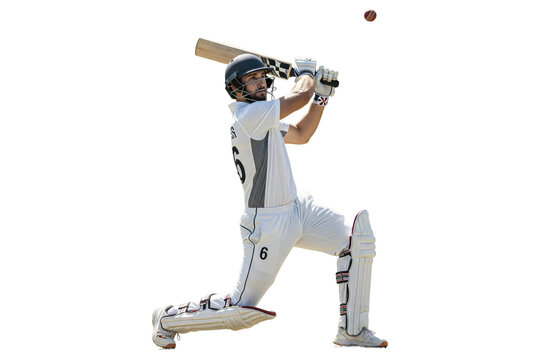 Male cricket player in white uniform and helmet hitting a ball with a bat