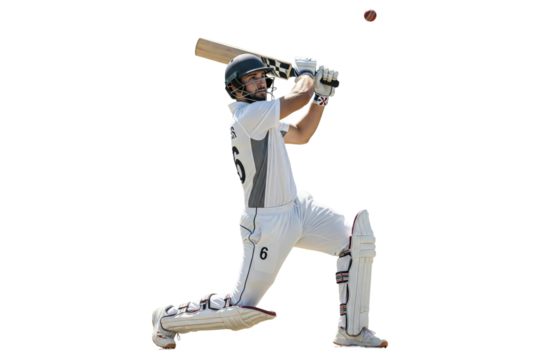 Male cricket player in white uniform and helmet hitting a ball with a bat - Powered by Adobe