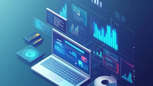 Isometric laptop displaying digital data visualization and information analysis