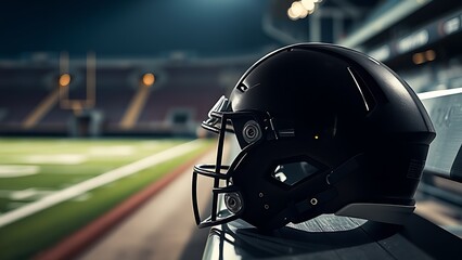 American football helmet resting on a bench under dramatic stadium lights, with a blurred field in the background.
