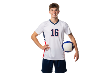 Young male volleyball player in a white and blue uniform holding a volleyball and smiling