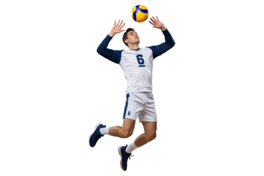 Male volleyball player in a white and blue uniform jumping to set a ball