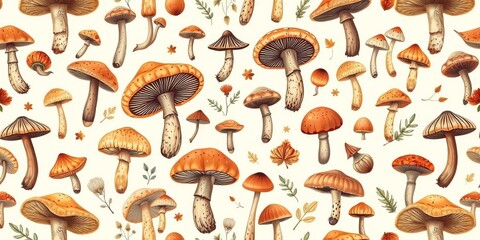 Whimsical autumnal seamless pattern featuring various mushrooms in earthy tones on a cream background,  autumn,  orange