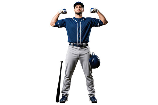 Male baseball player in a blue uniform flexing muscles with a bat and helmet - Powered by Adobe