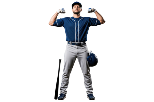Male baseball player in a blue uniform flexing muscles with a bat and helmet