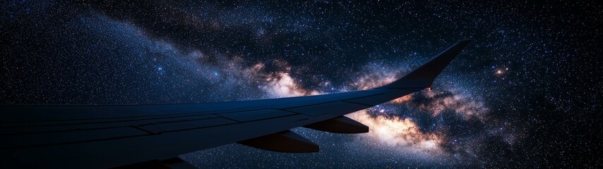 Flight over the cosmos airplane wing against a starry sky travel photo nighttime captivating cosmic view